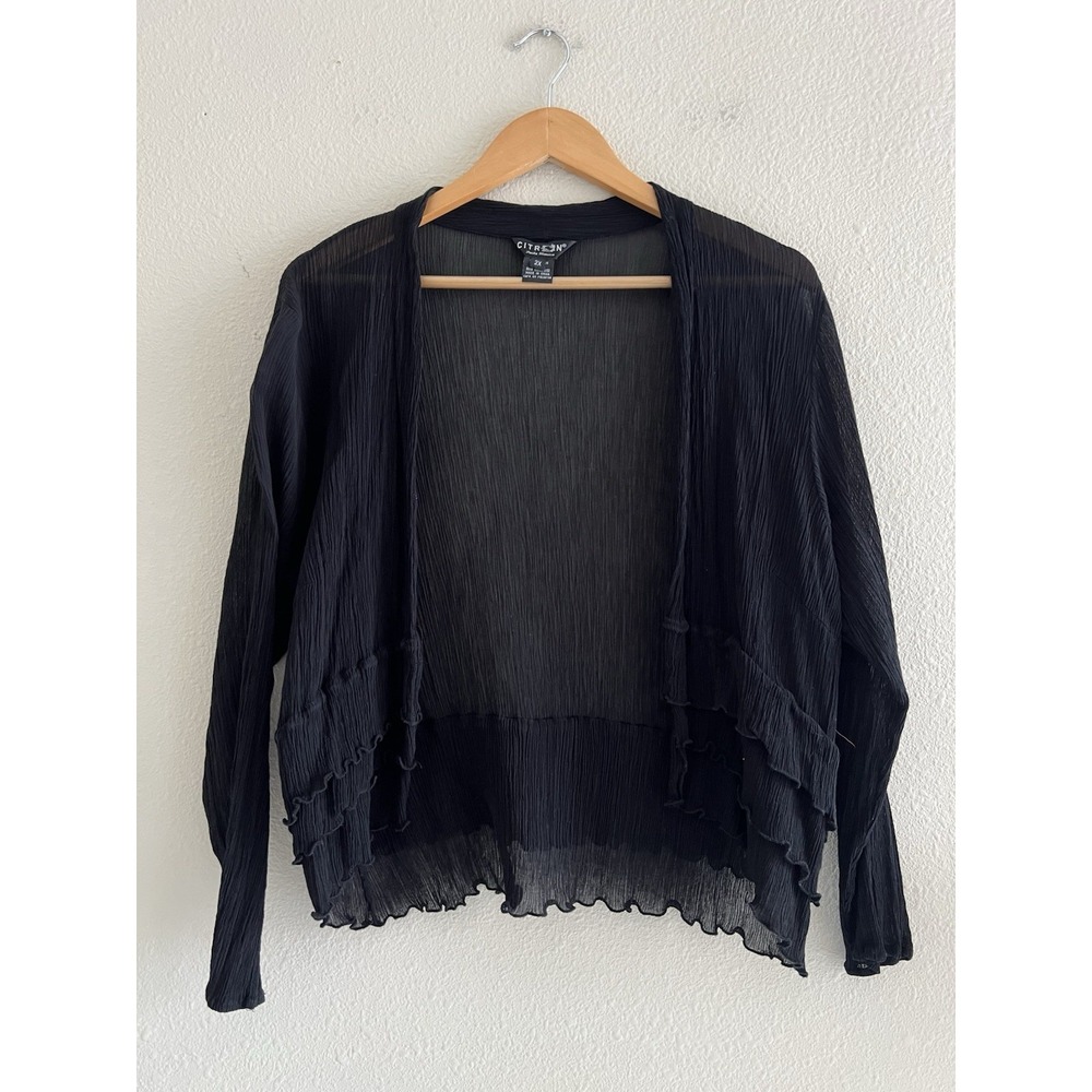 Citron Santa Monica Silk Blend Open Cardigan 2X Black Gauzy Ruffle Hem Casual